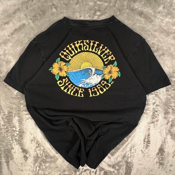 Quiksilver Black Golden Hours Skeleton Surfing Print Surf Graphic T-shirt S - Picture 2 of 6